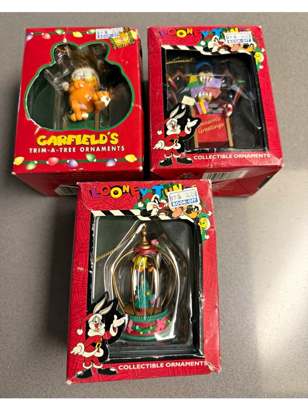 Vintage 1996 Looney Tunes Garfield Christmas Ornaments Matrix Lot of 3 Boxed